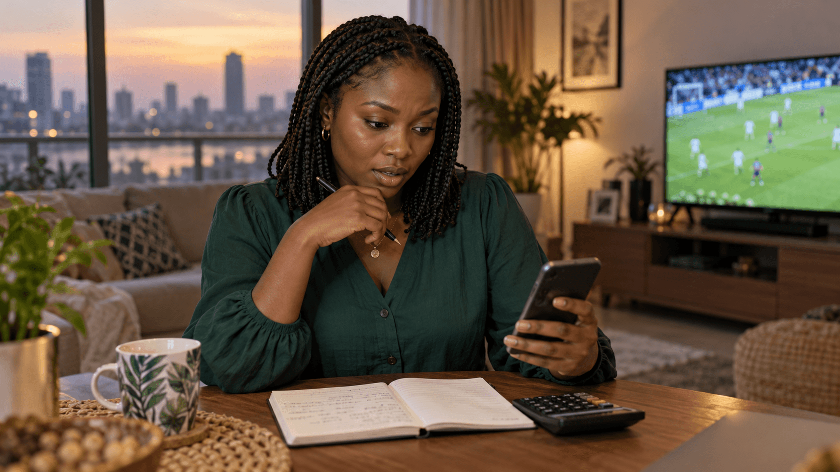 An adult woman checks her phone beside a notebook and calculator, with a football match on television.