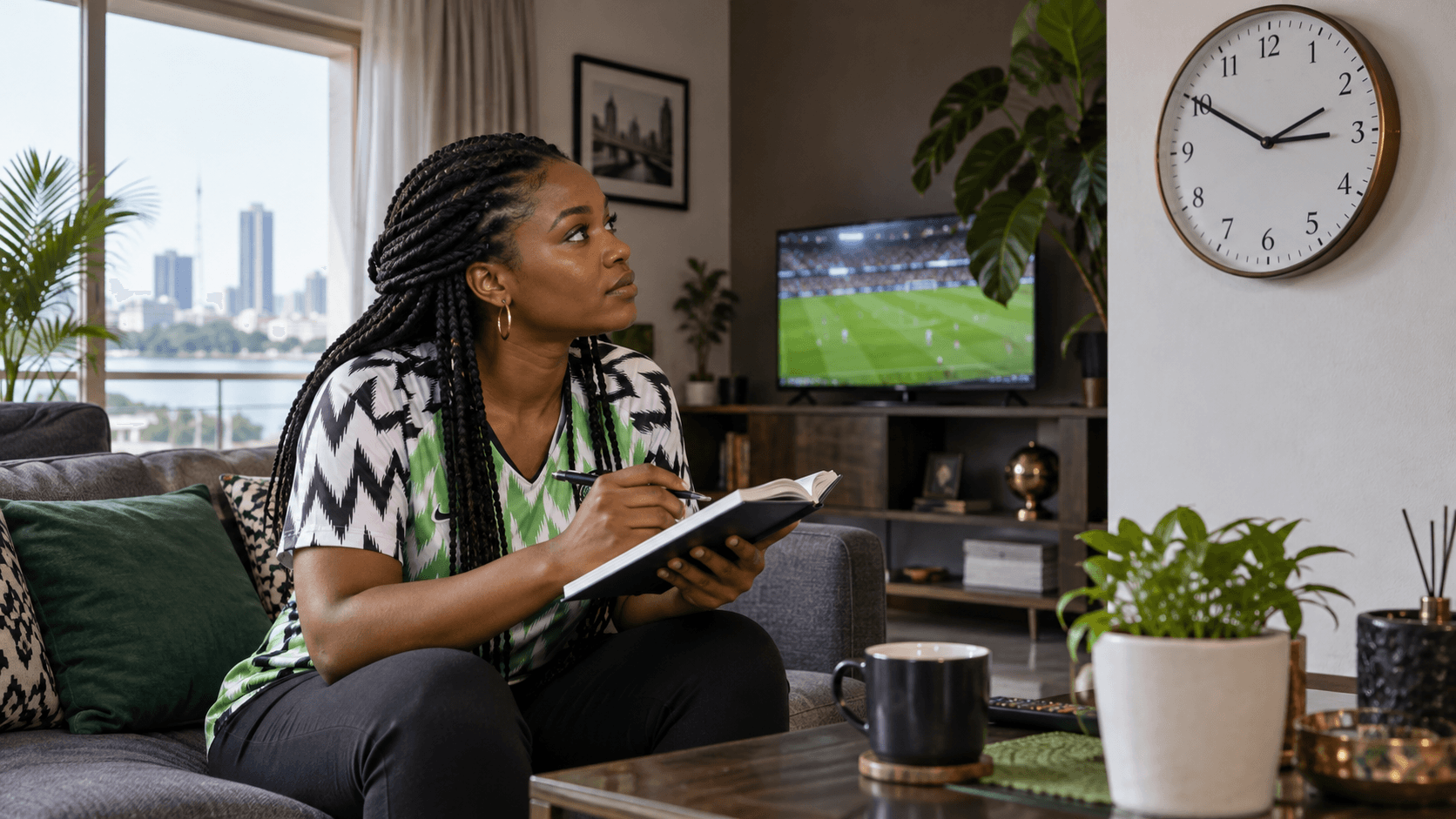 An adult woman in a Lagos living room checks her football notes beside a wall clock before kick-off.