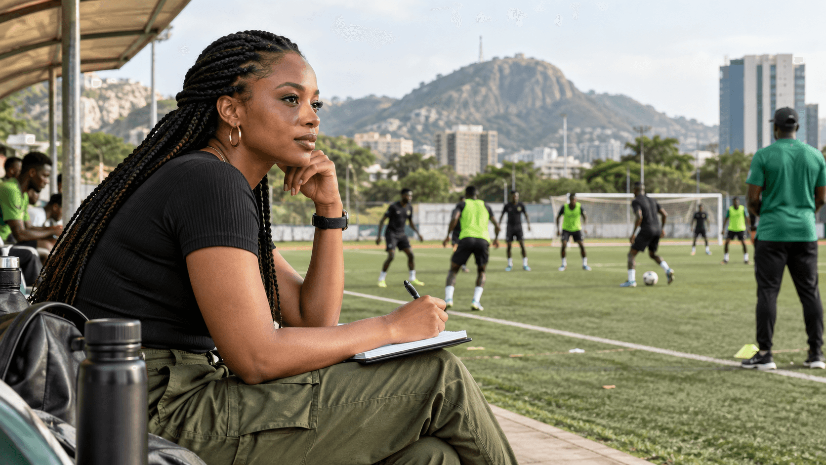 An adult woman studies a football training session from the sideline at a local ground in Abuja.