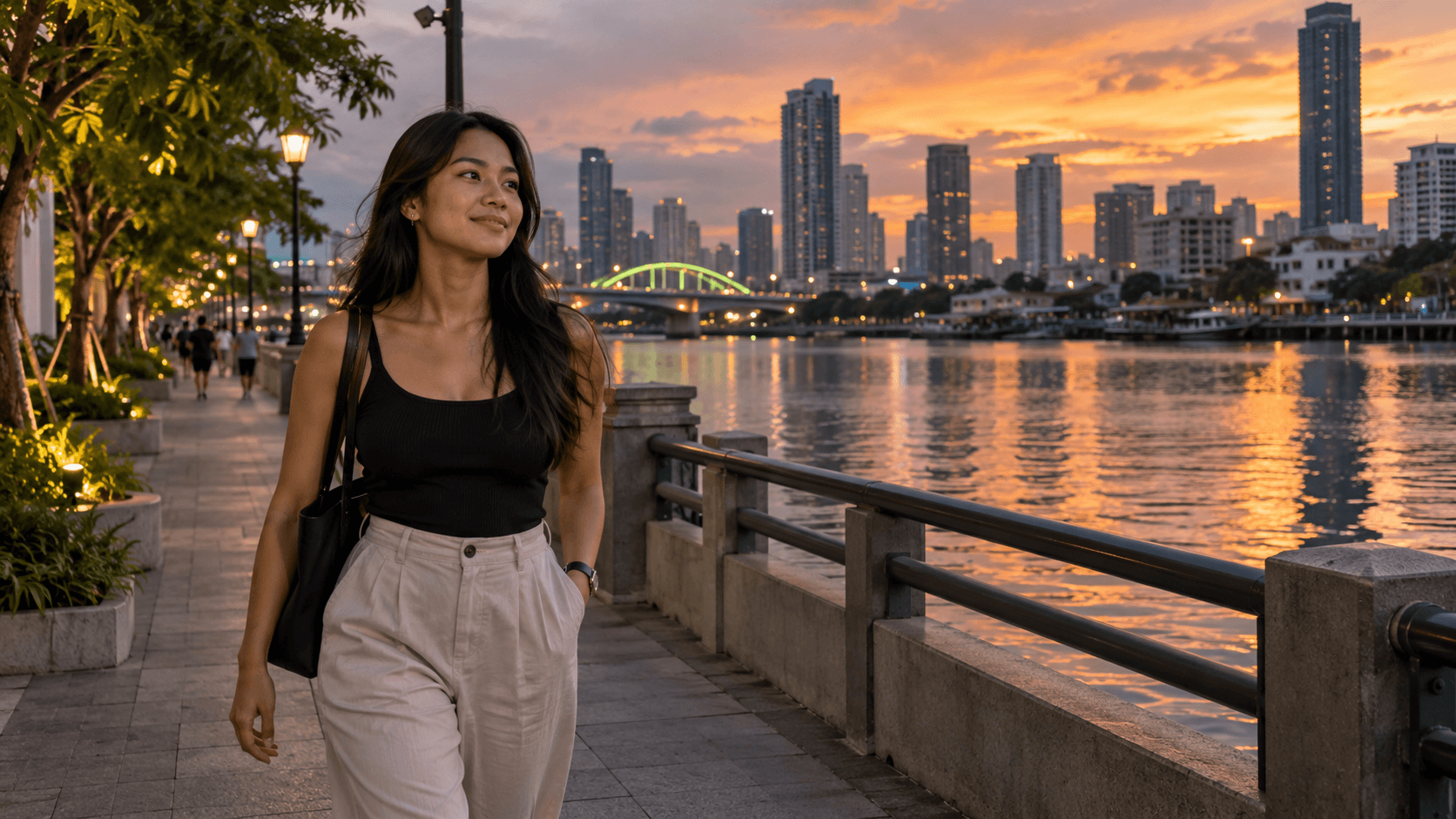 An adult Filipina walks along a Manila riverside promenade after putting her phone away.