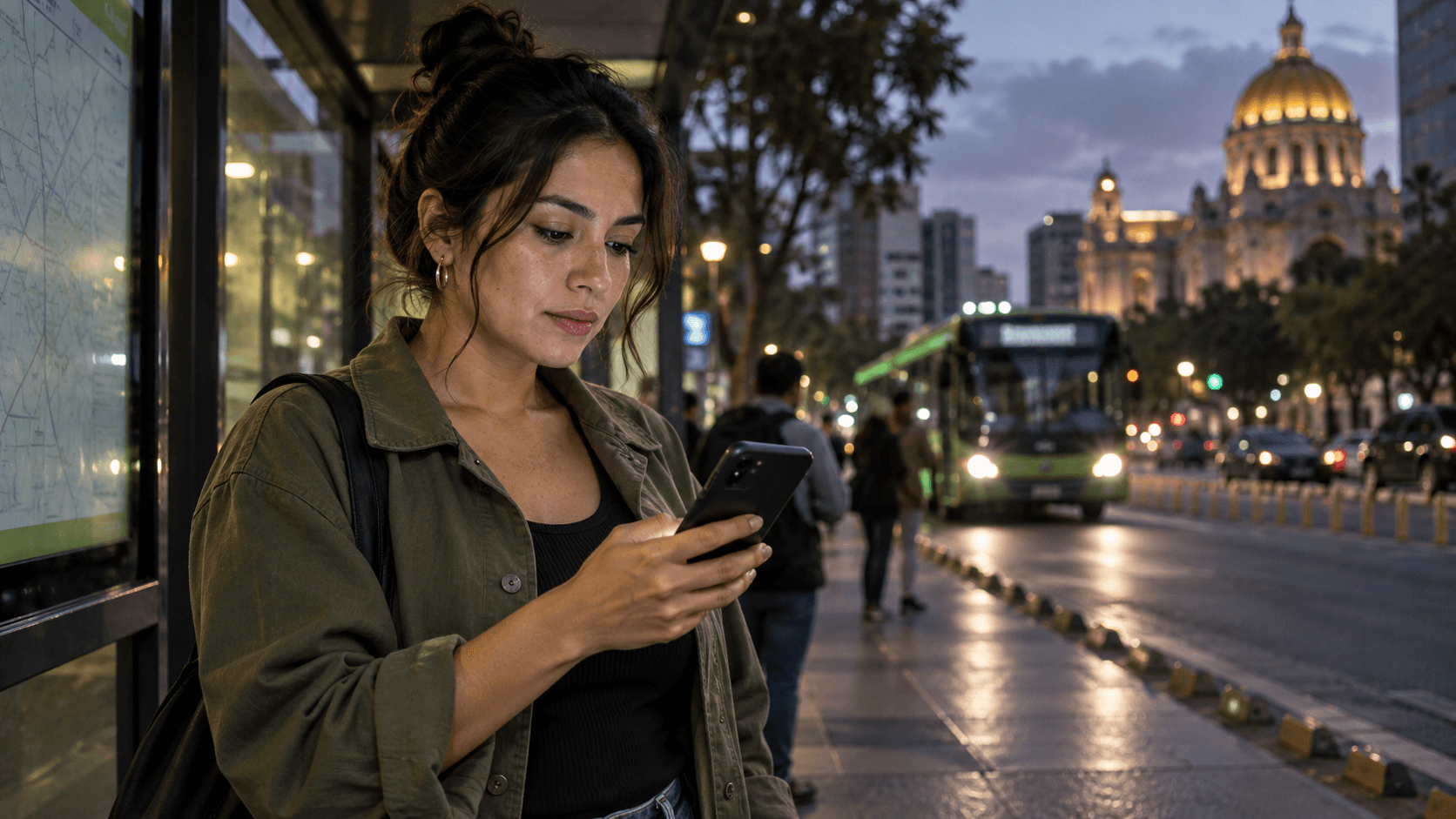 Una mujer adulta consulta su teléfono en una parada de autobús de Ciudad de México.
