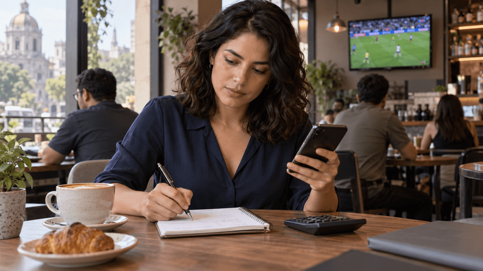 Una mujer consulta su teléfono con una libreta y una calculadora sobre la mesa mientras ve fútbol.