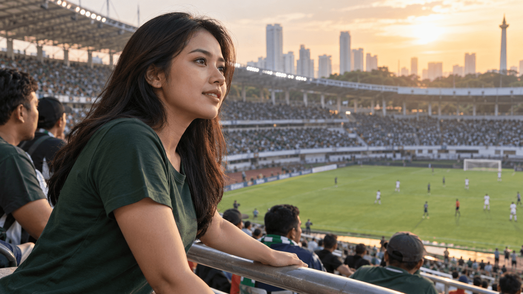 Seorang perempuan dewasa memperhatikan pertandingan sepak bola dari tribun stadion di Jakarta.