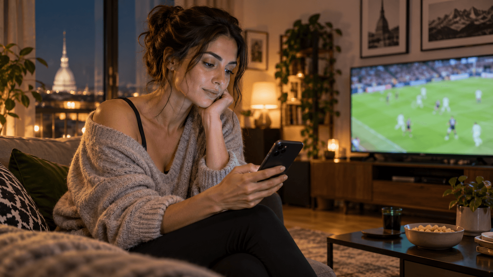 Una donna adulta controlla un telefono mentre una partita di calcio passa in televisione in un salotto a Torino.
