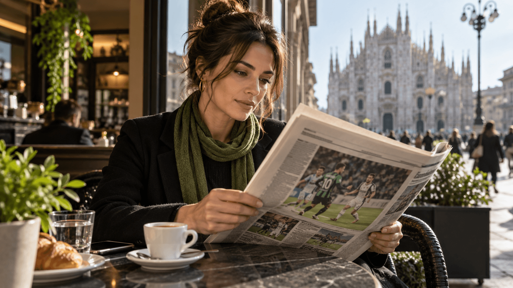 Una donna adulta legge una pagina sportiva in un bar di Milano.