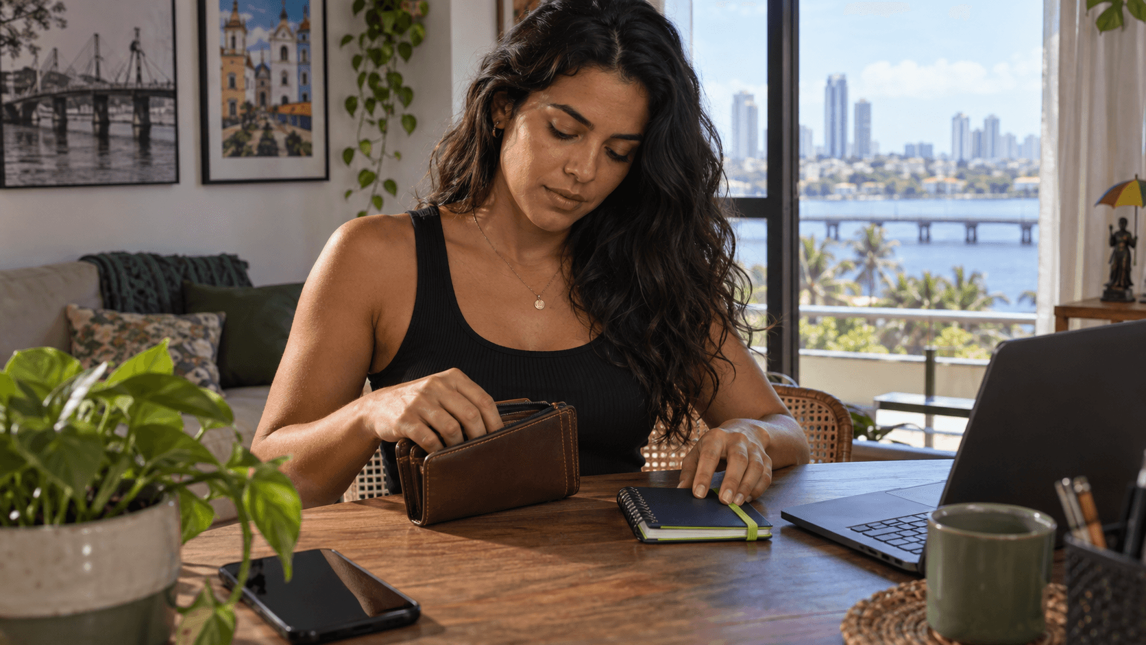 Uma mulher adulta organiza uma carteira e um caderno de orçamento esportivo em uma mesa no Recife.