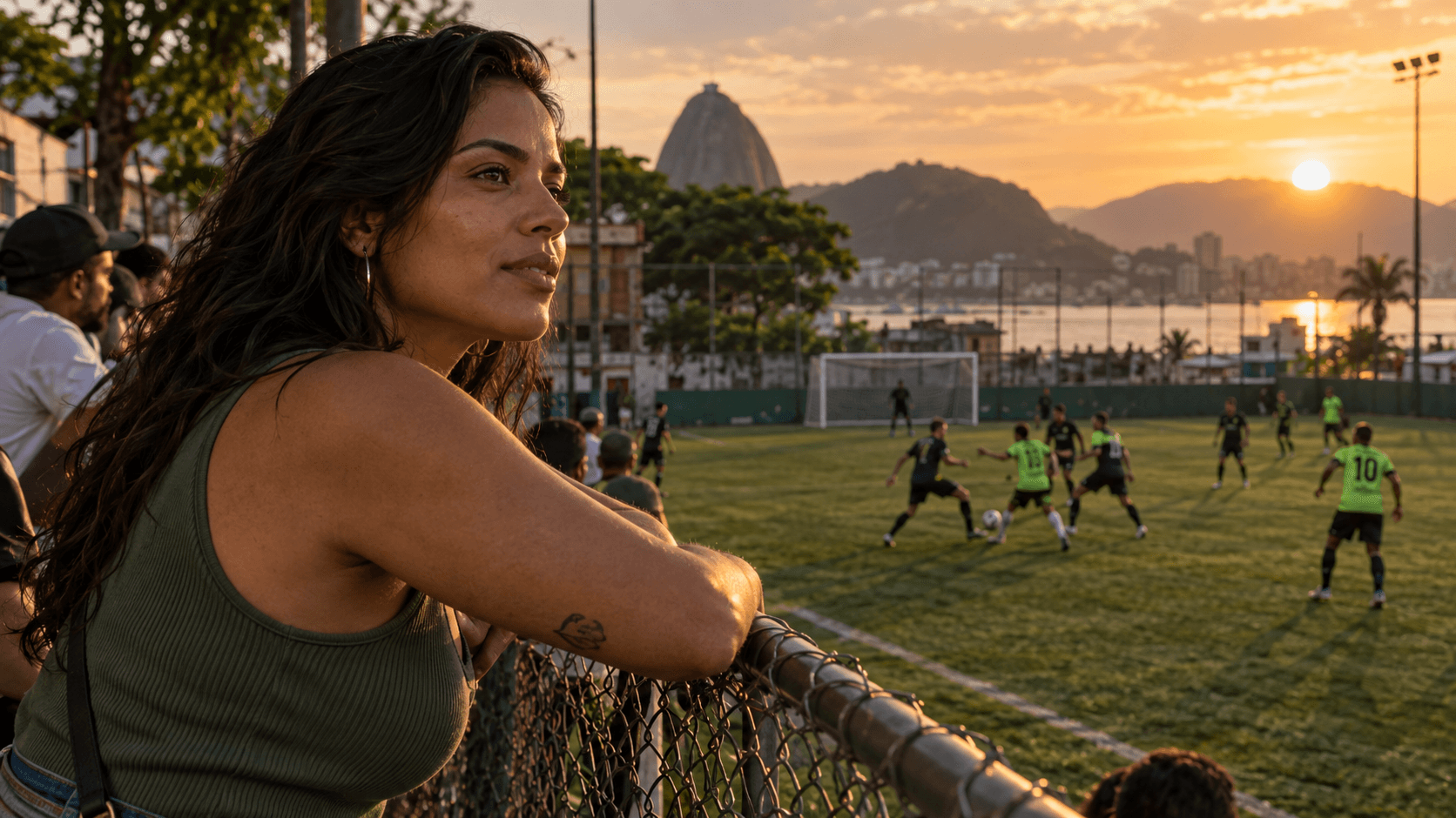 Uma torcedora adulta acompanha uma partida junto à cerca de um campo de futebol no Rio de Janeiro.