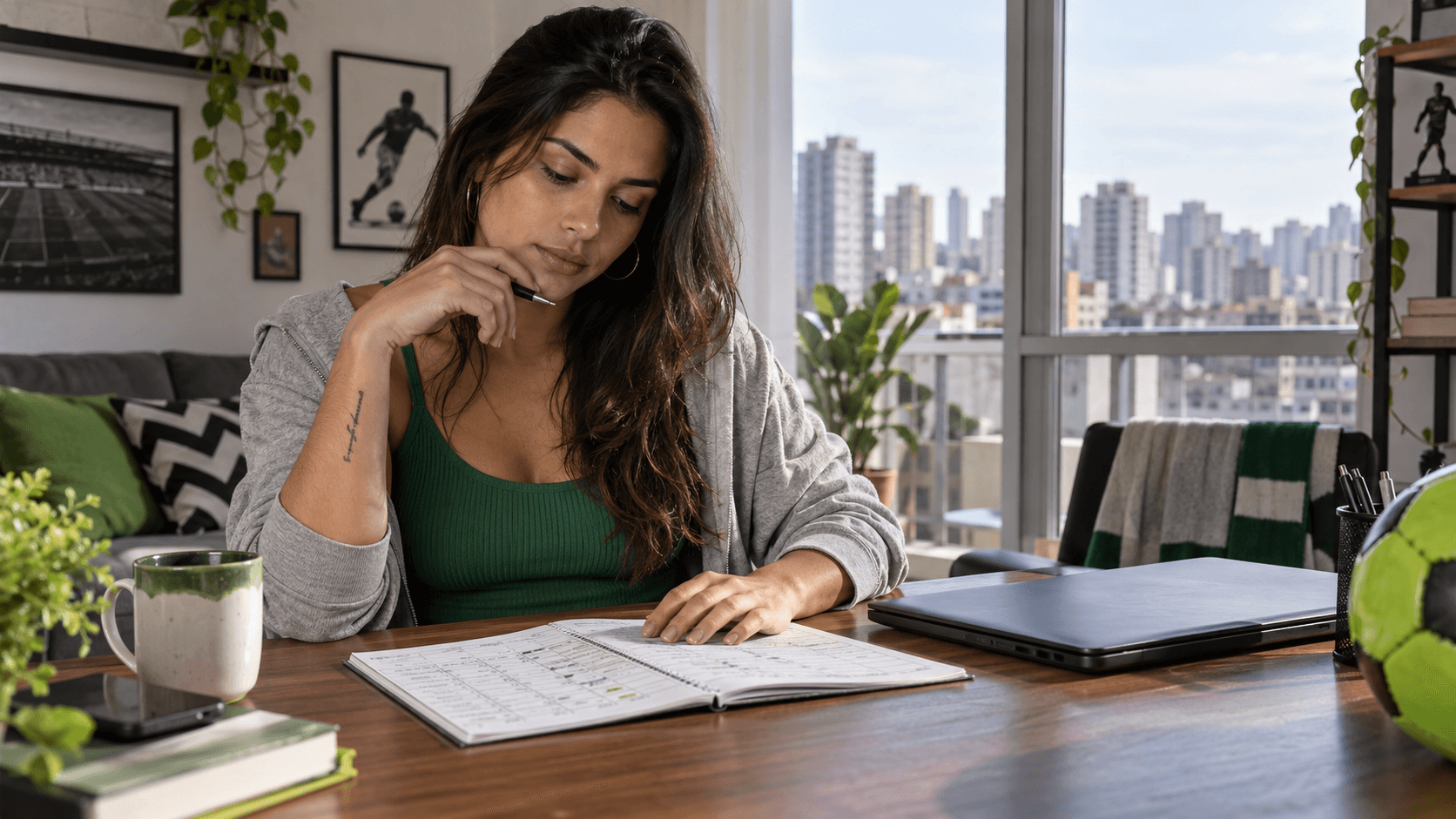 Uma mulher adulta revisa um registro de jogos em uma mesa de apartamento em São Paulo.