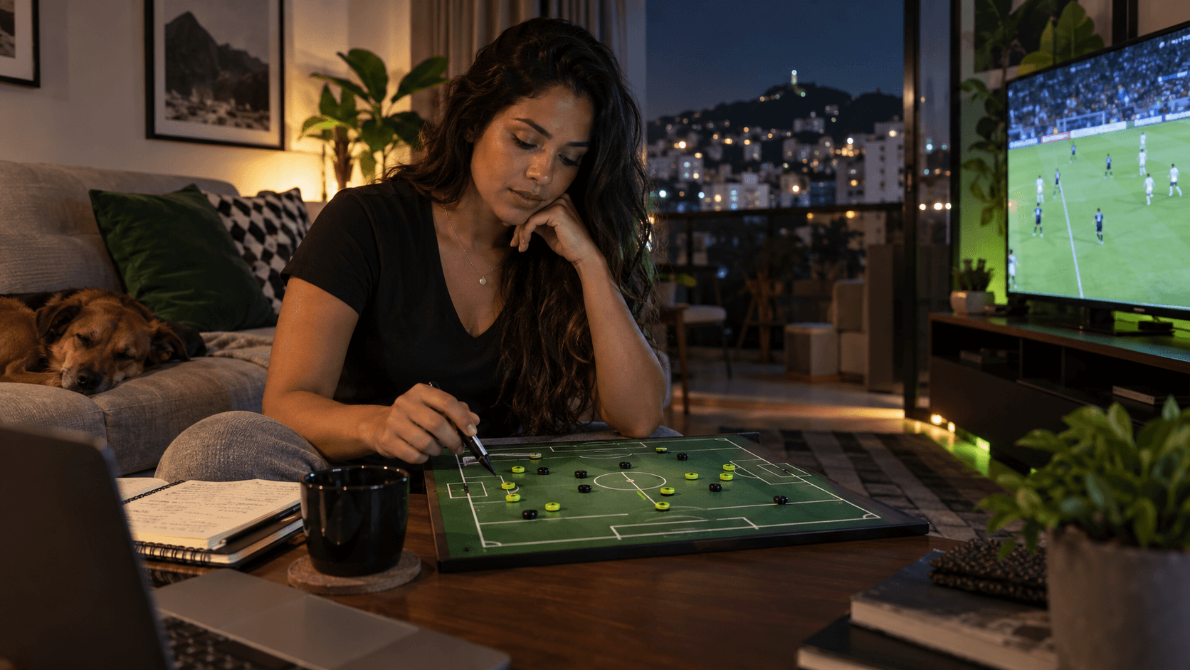 Uma mulher adulta analisa um quadro de tática de futebol em uma sala de Belo Horizonte.